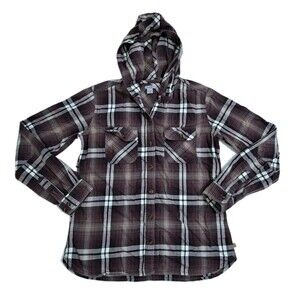 Carhartt Womens Small Belton Plaid Hooded Flannel Shirt Brown Purple Spring